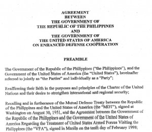 The first page of the Enhanced Defense Cooperation Agreement signed by the executive branches of the Philippines and the United States.
