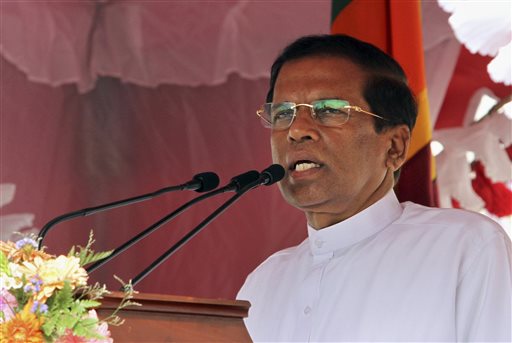 Sri Lanka&#39;s new President Maithripala Sirisena addresses the nation outside the Temple of Tooth in Kandy, Sri Lanka, Sunday, Jan. 11, 2015. - Sri-Lanka-new-prexy