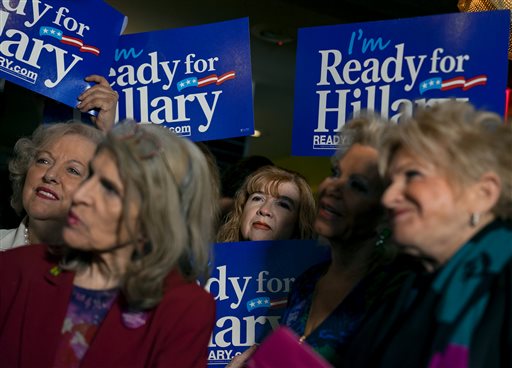 Supporters listen to a speech during the Last Hillary Clinton Rally in New York, Saturday, April 11, 2015.  AP PHOTO/CRAIG RUTTLE  