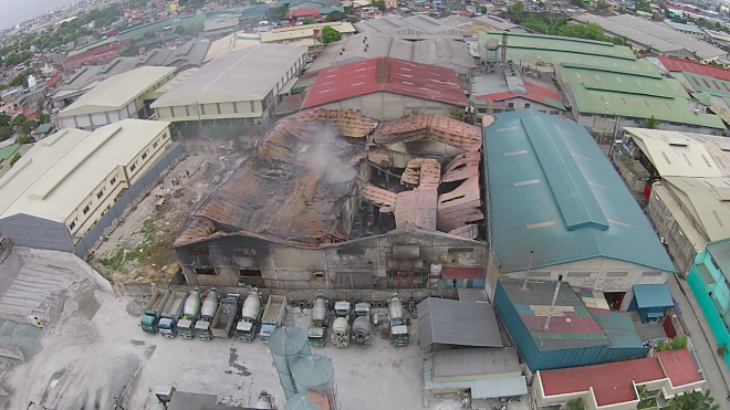 Aerial shot of the Kentex Factory in Valenzuela City, two days after it was gutted by fire on May 13. Screengrab of video by Rem Zamora/INQUIRER