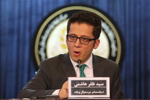 Zafar Hashemi, a deputy spokesman for Afghan President Ashraf Ghani, speaks during a press conference in Kabul, Afghanistan, Wednesday, July 29, 2015. An Afghan official said Wednesday his government is examining claims that reclusive Taliban leader Mullah Omar is dead. AP