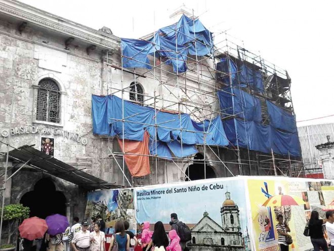 THE BASILICA Minore del Sto. Niño undergoes restoration work to repair its bell tower that was destroyed during the 2013 earthquake. ADOR MAYOL/INQUIRER VISAYAS