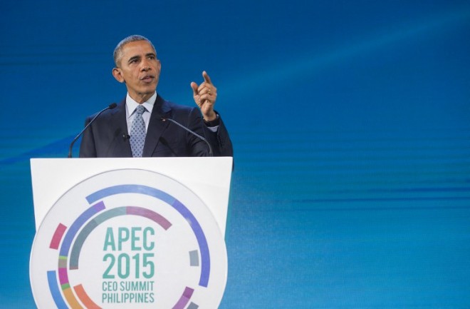 US President Barack Obama speaks at the Asia-Pacific Economic Cooperation (APEC) CEO summit in Manila on November 18, 2015. Asia-Pacific leaders arrived in the Philippines on November 17 and 18 for a summit meant to foster trade unity but with terrorism and territorial rows likely to dominate.  AFP PHOTO / SAUL LOEB