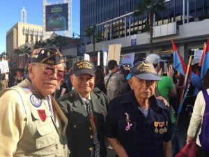 Fil-Am World War II veterans attend a rally in Hollywood on Veterans Day. From left: Eliseo Tomines, 93; John Aspiras, 88 and Rizalino Tamayo, 94. (Photo by Nimfa U. Rueda, INQUIRER)