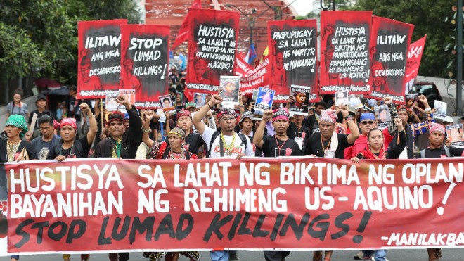 ‘LUMAD’ MARCH  “Lumad,” indigenous peoples from Mindanao, march from the campus of the University of the Philippines in Diliman, Quezon City, to Liwasang Bonifacio in Manila to protest the killings and other human rights violations in their communities. The Commission on Human Rights says both the military and the New People’s Army were involved in extrajudicial killings of lumad. MARIANNE BERMUDEZ
