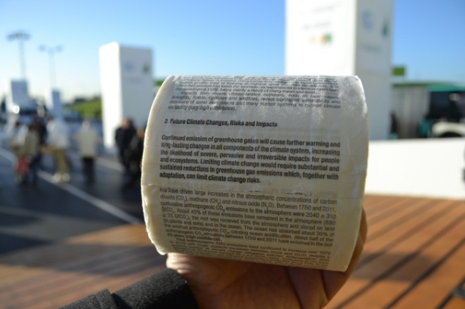IPCC's 5th Assessment Report printed on a toilet paper as part of #giveashit campaign. Photo by Kristine Sabillo/INQUIRER.net