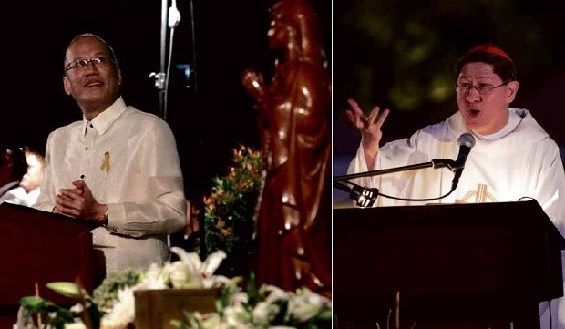 GOODBYE, LETTY President Aquino pays tribute to his “Tita Letty” while Manila Archbishop Luis Antonio Cardinal Tagle honors a “great storyteller” at the close of the wake for Inquirer editor in chief Letty Jimenez-Magsanoc at Heritage Park on Tuesday night. RICHARD A. REYES/ALEXIS CORPUZ