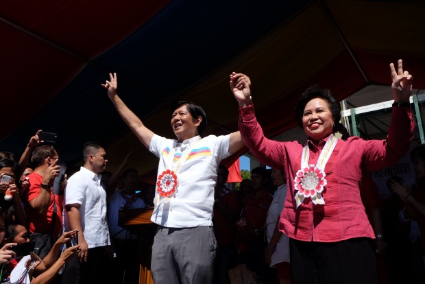 Presidential candidate Senator Miriam Defensor Santiago and vice presidential candidate Senator Ferdinand "Bongbong" Marcos during the proclamation rally at Imelda Cultural Center, Batac City, Ilocos Norte, February 9, 2016, during the start of the 90-day campaign period. INQUIRER PHOTO / NIÑO JESUS ORBETA