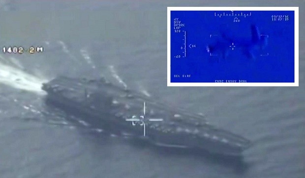 This still image made from video broadcast on Iranian State television, friday, Jan. 29, 2016 shows what purports to be drone footage of a U.S. aircraft carrier. Iran flew a surveillance drone over a U.S. aircraft carrier and took "precise" photographs of it as part of an ongoing naval drill, state media reported Friday. The U.S. Navy said an unarmed Iranian drone flew near a French and American carrier earlier this month, but couldn't confirm it was the same incident.(Iranian State Television via AP) IRAN OUT