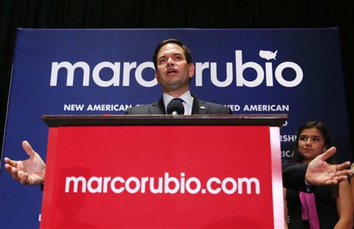 Republican presidential candidate Sen. Marco Rubio, R-Fla., speaks during a Republican primary night rally at Florida International University in Miami, Fla., Tuesday, March 15, 2016. Rubio is ending his campaign for the Republican nomination for president after a humiliating loss in his home state of Florida. AP PHOTO