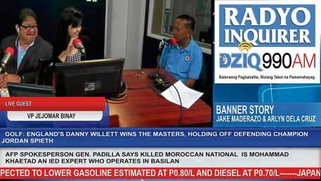 ONAIR Vice President Jejomar Binay, UnitedNationalist Alliance candidate for President, fields questions from Radyo Inquirer news anchors Jake Maderazo and Arlyn de la Cruz. MARY ROSE CABRALES/DZIQ