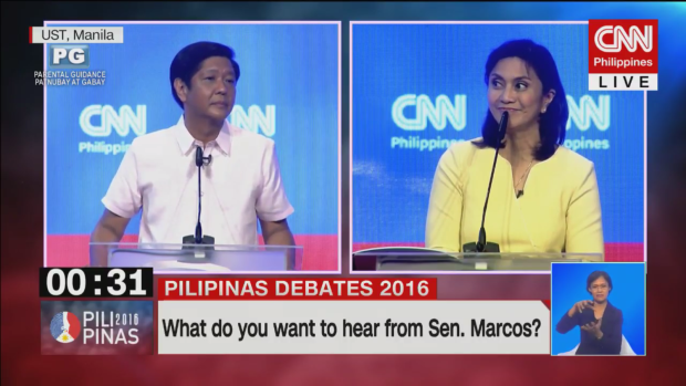 Vice Presidential aspirants Bongbong Marcos and Leni Robredo talk about the alleged ill-gotten wealth of the Marcos family. SCREENGRAB FROM THE CNN LIVESTREAM