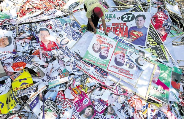 WITH the elections over, campaign materials have outlived their usefulness unless these are recycled into notebook covers, bags and school materials.  RICHARD A. REYES