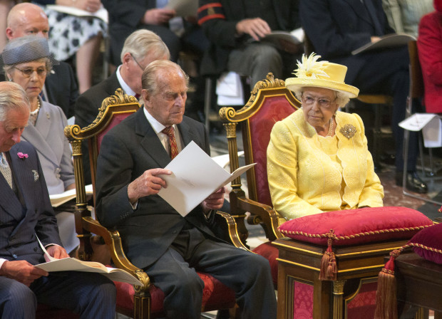 Britain's Queen Elizabeth II and Prince Philip attend a National Service of Thanksgiving to mark the 90th birthday of Britain's Queen Elizabeth II at St Paul's Cathedral in London, Friday, June 10, 2016.  (Ian Vogler/Pool Photo via AP)