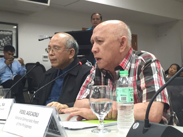 Fidel Agcaoili, (right) the spokesman of the National Democratic Front of the Philippines and Fr. Joel Tabora SJ., talk about the prospects for peace between the Philippine government and the New People's Army on June 8, 2016, in Davao City.  (Photo by KARLOS MANLUPIG, INQUIRER MINDANAO