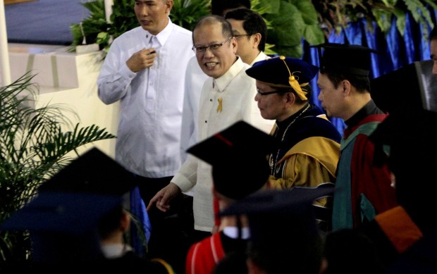 PNOY AT ADMU GRADUATION CEREMONY / JUNE 25, 2016 President Benigno Aquino III walks with University President  Fr. Jose Ramon Villarin as they arrive on the Ateneo de Manila University graduation ceremony at the Ateneo High school covered court in Quezon City. Aquino was the guest of honor and commencement speaker. INQUIRER PHOTO / RICHARD A. REYES