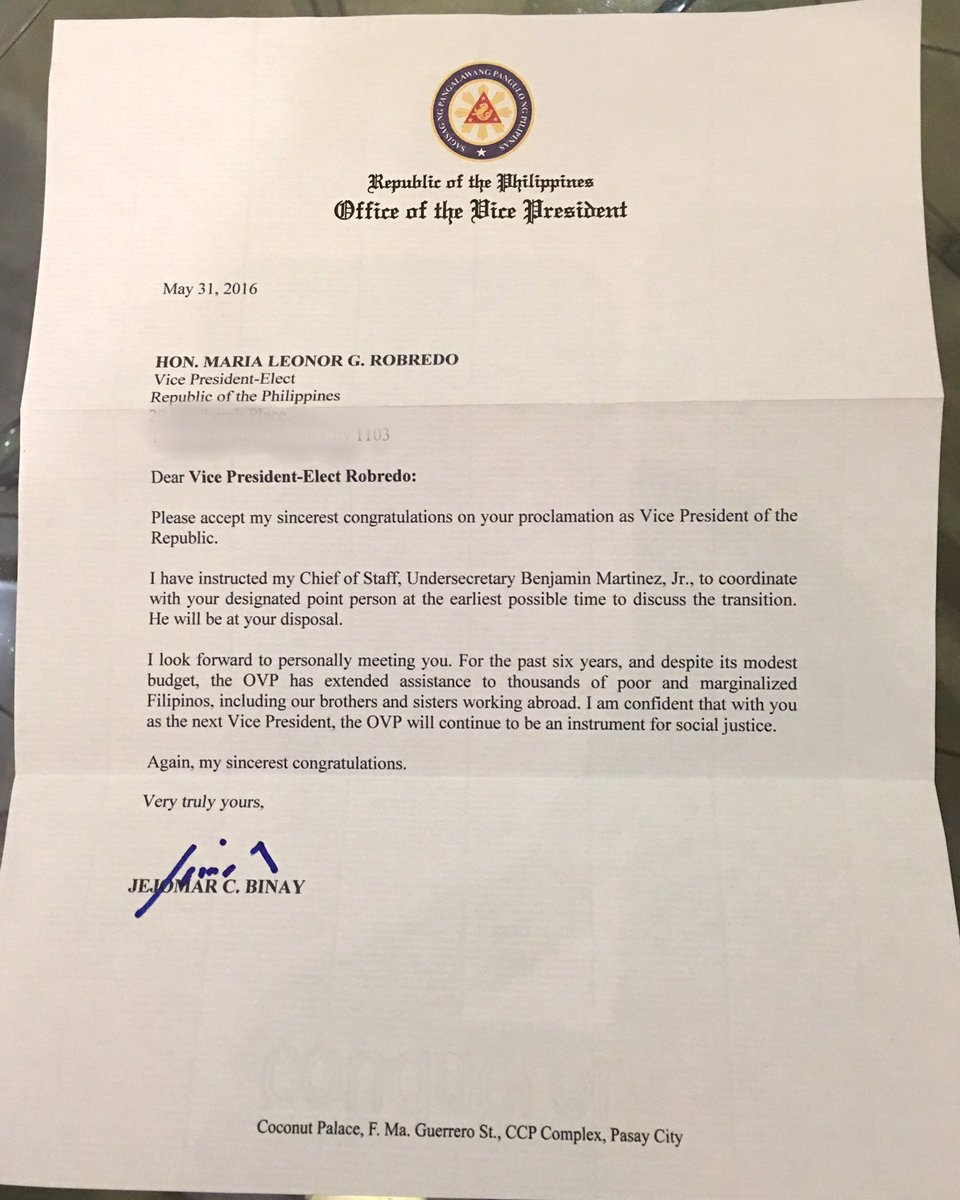 Look Vp Binay S Letter To Successor Robredo Inquirer News