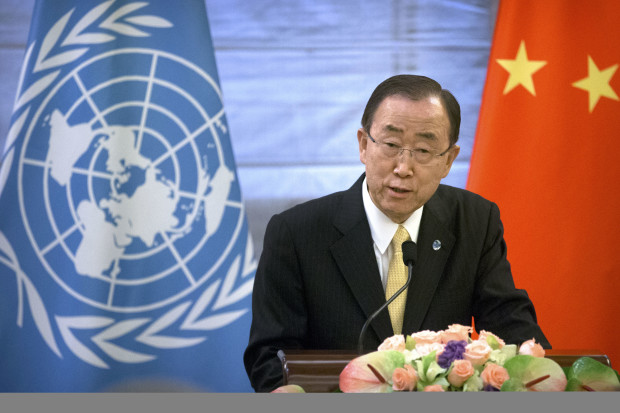 U.N. Secretary-General Ban Ki-moon speaks during a joint press conference with Chinese Foreign Minister Wang Yi at the Diaoyutai State Guesthouse in Beijing, Thursday, July 7, 2016. (AP Photo/Mark Schiefelbein)