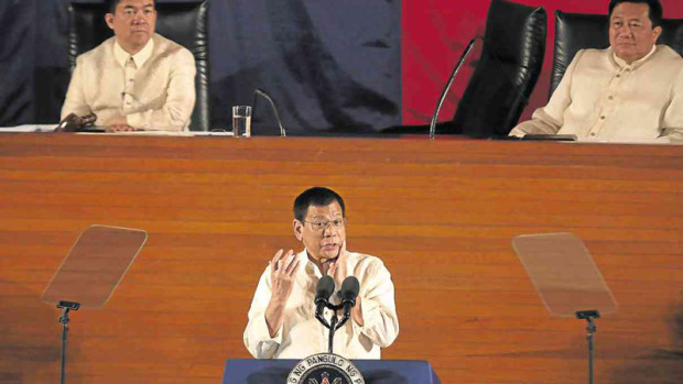 MINDANAO TRIUMVIRATE      President Duterte delivers his first State of the Nation Address. Mr. Duterte, Senate President Aquilino Pimentel III (top left) and Speaker Pantaleon Alvarez—the country’s top three elected officials—are all from Mindanao, a first in the country’s history. JOAN BONDOC