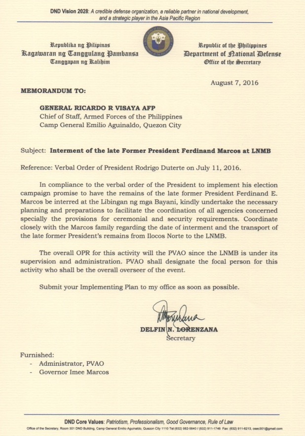 Memorandum on the Interment of Former Pres. Marcos at LNMB