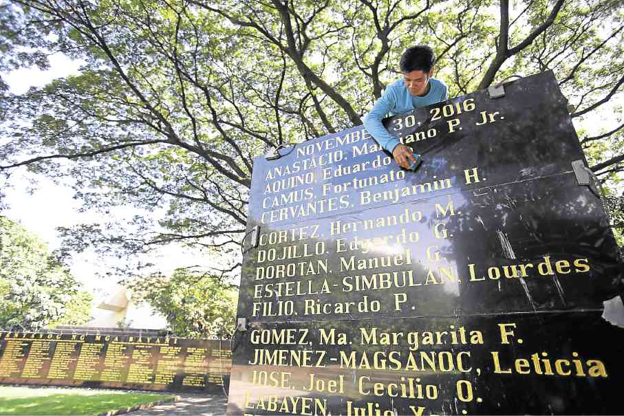 REAL HEROES The names of 19 people who fought the Marcos dictatorship have been engraved on the Wall of Remembrance at Bantayog ng mga Bayani in Quezon City. They will be honored in solemn ceremonies tomorrow, Bonifacio Day. The names include those of the late Inquirer editor in chief Letty Jimenez-Magsanoc and former Sen. Jovito Salonga. —NIÑO JESUS ORBETA