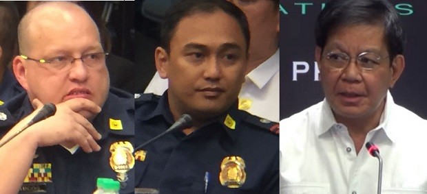Senator Panfilo Lacson (right) said that the behavior of (from left) Supt. Marvic Marcos and Chief Insp. Leo Laraga during the Senate hearing on the death of Mayor Rolando Espinosa was 'bothersome.' NOY MORCOSO / INQUIRER FILE