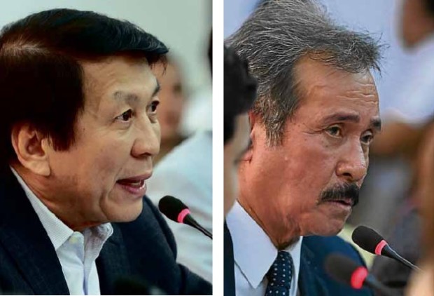 SEXUAL TONE HouseMajority Leader Rodolfo Fariñas (left) sets the tone for the hearing, asking Ronnie Dayan to describe how his love for Sen. Leila de Lima was. Later, Rep. Fredenil Castro (right), follows up with a question if the former driver bodyguard’s relationshipwith the senator was “true, pure and strong.” —NIÑO JESUS ORBETA