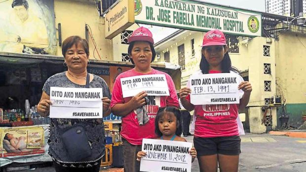 By: Jocelyn R. Uy - Reporter / @mj_uyINQPhilippine Daily Inquirer / 04:12 AM May 09, 2016 MOTHERS who have given birth at the world’s busiest maternity facility, the Dr. Jose Fabella Memorial Hospital, are joined by their daughters in a campaign to save the 65-year-old institution from being torn down. The DOH is planning to transfer the hospital to the nearby DOH compound on Rizal Avenue.  JOCELYN R. UY MOTHERS who have given birth at the world’s busiest maternity facility, the Dr. Jose Fabella Memorial Hospital, are joined by their daughters in a campaign to save the 65-year-old institution from being torn down. The DOH is planning to transfer the hospital to the nearby DOH compound on Rizal Avenue. JOCELYN R. UY    