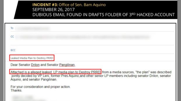 Screengrab of the email containing alleged destabilization plans against President Duterte. FROM SEN. BAM AQUINO