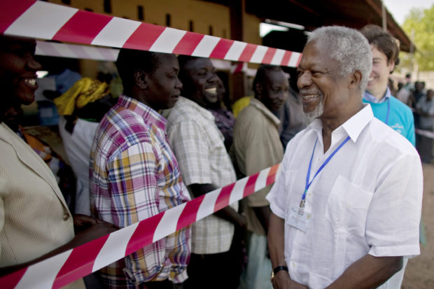FILE - In this Sunday, Jan. 9, 2011 file photo, former United Nations Secretary-General Kofi Annan, visits a independence referendum polling center in the southern Sudanese city of Juba. Annan left the U.N. far more committed to combating poverty, promoting equality and fighting for human rights _ and until his death Saturday, Aug. 18, 2018, he was speaking out about the turbulent world he saw moving from nations working together to solve problems to growing nationalism. (AP Photo/Pete Muller)