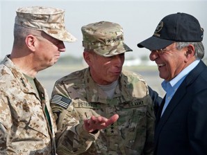 USMC Gen. John Allen, left, and Gen. David Petraeus, incoming CIA Director, greets former CIA Director and new U.S. Defense Secretary Leon Panetta as he lands in Kabul, Afghanistan, on Saturday. AP Photo/Paul J. Richards, Pool.
