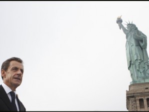 French President Nicolas Sarkozy arrives on Liberty Island to take part in a ceremony in anticipation of the 125th anniversary of the Statue of Liberty, Thursday, Sept. 22, 2011 in New York. (AP Photo/Jason DeCrow, Pool)