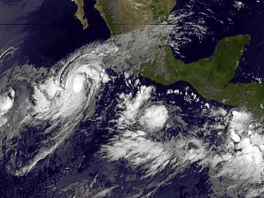 This October 9, 2011 handout image from NOAA's GOES Project Science, shows a satellite view of Hurricane Jova. US meteorologists said on Sunday that the category one hurricane was gathering strength as it headed for the southwestern Mexican coast and would likely grow further in the coming days. Jova was at 0900 GMT packing maximum sustained winds of up to 85 miles per hour (140 kilometers per hour), said the Miami-based National Hurricane Center. AFP