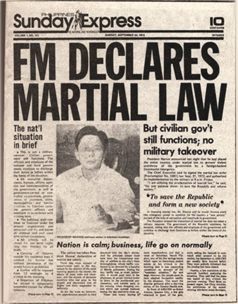 DARKNESS FALLS ON THE PHILIPPINES The Philippine Daily Express, then a tabloid, announces the declaration of martial law on Sept. 21, 1972. INQUIRER ARCHIVES