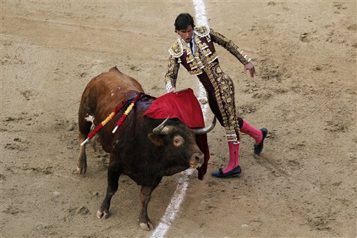 Spain's bullfighter Eduardo Gallo performs with a Torrestrella ranch fighting bull during a bullfight in Las Ventas bullring in Madrid, Spain, Sunday, March 24, 2013. AP/Andres Kudacki
