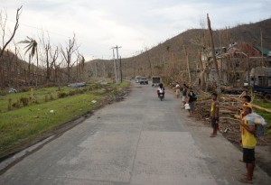 Residents try to hitch hike along a road with destroyed coconut trees in Palo town, Leyte province, central Philippines, on November 13, 2013, days after super Typhoon Haiyan devastated the city.  Thousands of people jostled and begged for seats on scarce flights out of the ruined city of Tacloban, where putrefying corpses compounded a growing health menace after one of the strongest storms on record killed thousands.   AFP PHOTO/TED ALJIBE