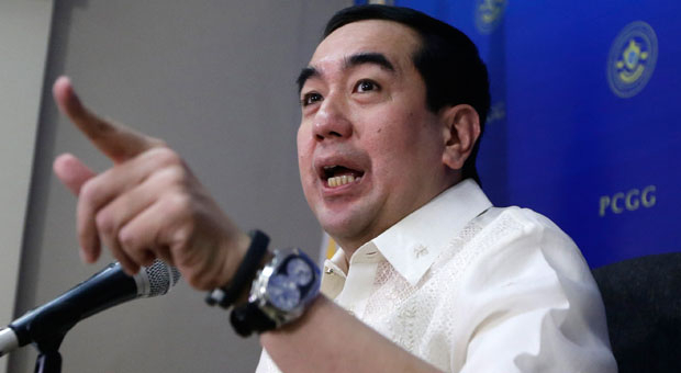 Andres Bautista, head of the Philippine Commission on Good Government, which is tasked to recover the alleged ill-gotten wealth of the late strongman Ferdinand Marcos, speaks in a news conference in Mandaluyong City on Wednesday, Feb. 12, 2014. The Philippine government has recovered the remaining $29 million of the multimillion-dollar Swiss bank deposits stashed away by the late dictator Ferdinand Marcos. AP PHOTO/BULLIT MARQUEZ