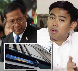 Vice President Jejomar Binay (left), his son Makati Mayor Junjun Binay (right) and 23 others face plunder case over the alleged “unconscionable overpricing” in the construction of an 11-story parking building (inset) that the city government supposedly built for P1.56 billion. INQUIRER FILE PHOTOS 