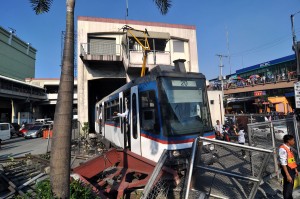 MRT ACCIDENT/ AUGUST 13, 2014 The MRT train that crashed and got derailed at the end of the station on Taft Avenue in Pasay City on Wednesday afternoon. INQUIRER PHOTO/ RICHARD REYES