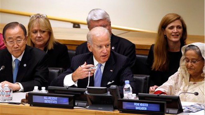 U.S. Vice President Joe Biden chairs a summit on international peacekeeping operations on the sidelines of the 69th session of the United Nations General Assembly at U.N. headquarters, Friday, Sept. 26, 2014. AP Photo/Jason DeCrow
