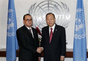 North Korean Foreign Minister Ri Su Yong, left, meets with United Nations Secretary-General Ban Ki-moon on the sidelines of the 69th session of the U.N. General Assembly at U.N. headquarters, Sept. 27, 2014. AP /Jason DeCrow