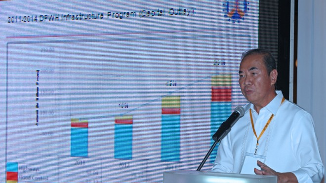 Public Works Secretary Rogelio Singson shows the 2011-2014 draft of his department's infrastructure program during the opening of the Philconstruction  Visayas 2014 on June 5. An undisclosed number of Department of Public Works and Highways personnel have been placed under preventive suspension by the agency for allegedly colluding with some contractors in rigging DPWH biddings for millions of pesos worth of infrastructure projects, a top DPWH official disclosed to the Inquirer on Monday, Sept. 22.  CDN PHOTO/JUNJIE MENDOZA)