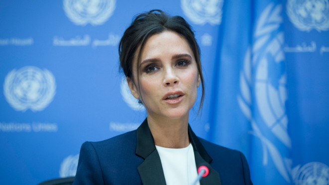 Fashion Designer Victoria Beckham speaks during a news conference after she is named an United Nation's Goodwill Ambassador during the 69th U.N. General Assembly at U.N. headquarters, Thursday, Sept. 25, 2014. (AP Photo/John Minchillo)