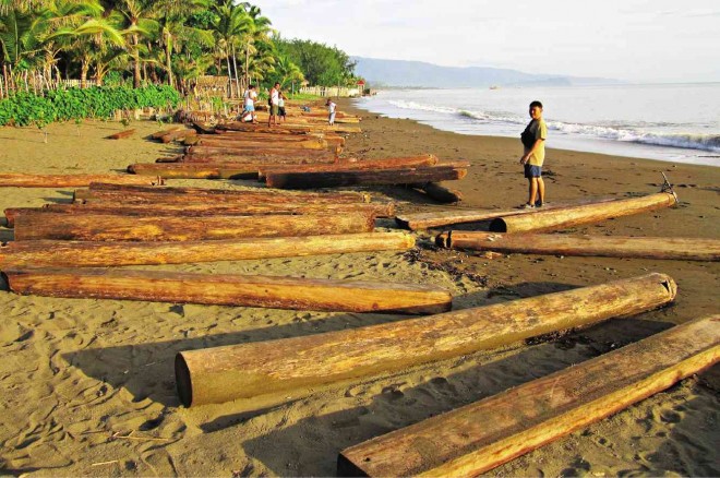 ILLEGALLY cut logs from the Sierra Madre await transport on the shore of Infanta town, Quezon province, in 2012. Illegal logging on the mountain range continues. PHOTO COURTESY OF TANGGOL KALIKASAN  