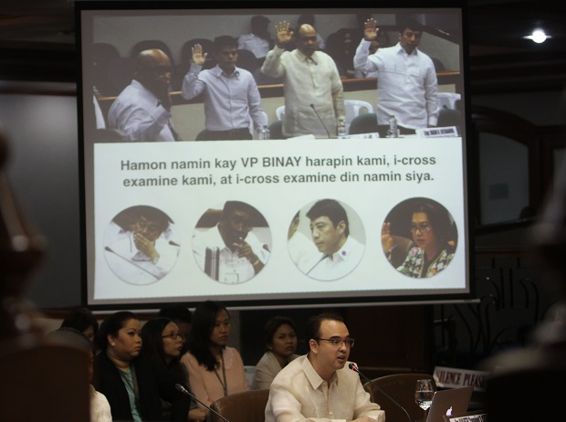 October 2, 2014 Senator Allan Peter Cayetano during the Senate inquiry on the overpricing of the Makati City Hall II where Makati Mayor junjun Binay failed to show up. INQUIRER/ MARIANNE BERMUDEZ