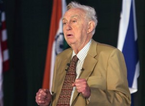 In this Dec. 16, 2008 file photo, American physicist, and Nobel laureate Martin L. Perl, speaks at a Science Conclave at the Indian Institute of Information Technology in Allahabad, India. AP