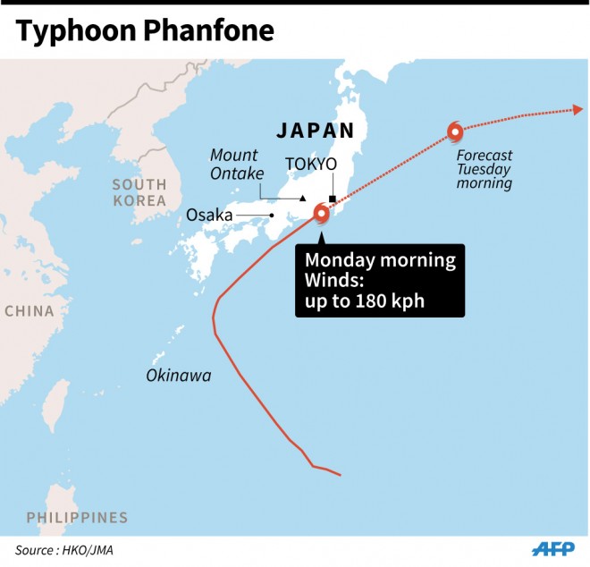 Map showing the path of Typhoon Phanfone, which slammed into Japan Monday. AFP