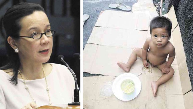 EYEING HUNGER  Sen. Grace Poe (left) calls for an increased budget for feeding programs for children like this tot (right), in a privilege speech at the Senate on Monday.  PHOTO OF SENATOR POE COURTESY OF THE SENATE/RIGHT PHOTO BY ARNOLD ALMACEN