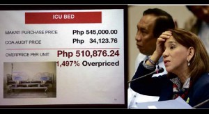 SICKENING OVERPRICE FOR ICU BED  Audit Commissioner Heidi Mendoza shows on PowerPoint the overpricing of Ospital ng Makati’s equipment like hospital beds during the Senate inquiry into the allegedly overpriced Makati City Hall Building II on Thursday.  MARIANNE BERMUDEZ