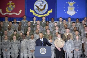 President Barack Obama speaks to a crowd of military personnel at U.S. Central Command at MacDill Air Force Base in Tampa, Fla., Wednesday, Sept. 17, 2014. The White House and the Pentagon are grappling with how to explain what American military forces are doing and could do in Iraq as they battle the Islamic State militants. AP